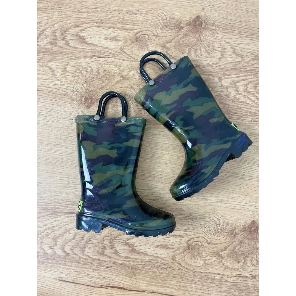 Western Chief Camo Light Up Rain Boots Kids Size 7 Olive Green Camo blue green‎